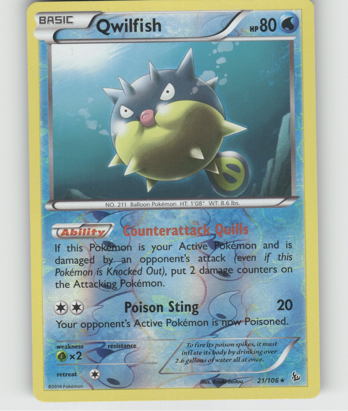 Qwilfish Reverse Holo Rare XY - Flashfire 21/106 NM