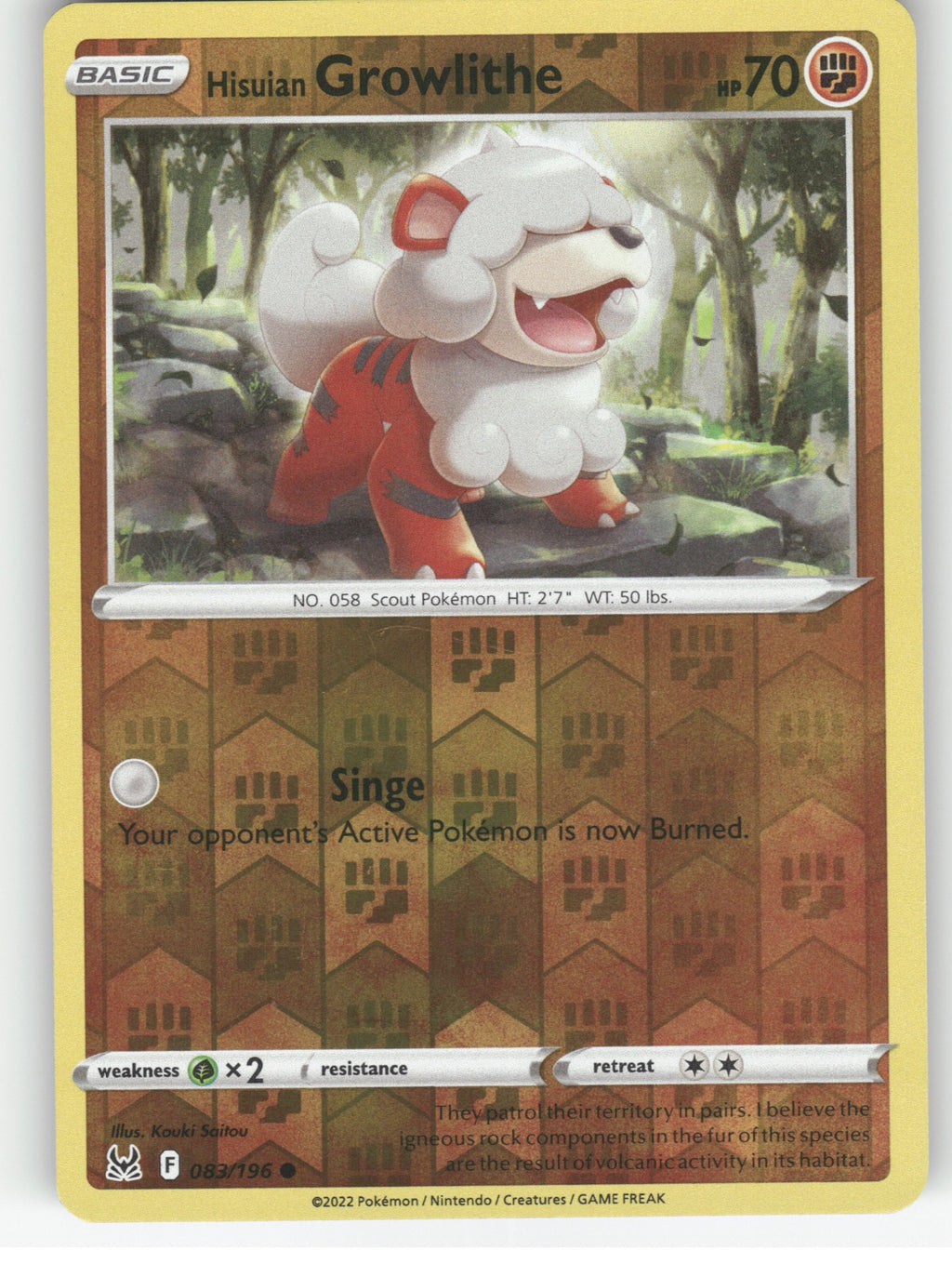 Hisuian Growlithe Reverse Holo Common SWSH11: Lost Origin 083/196 NM