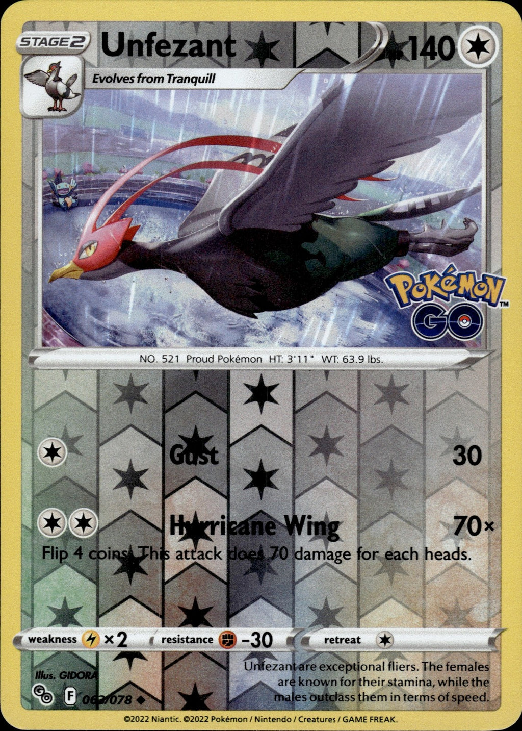 Unfezant Reverse Holo Uncommon Pokemon GO 063/078 NM