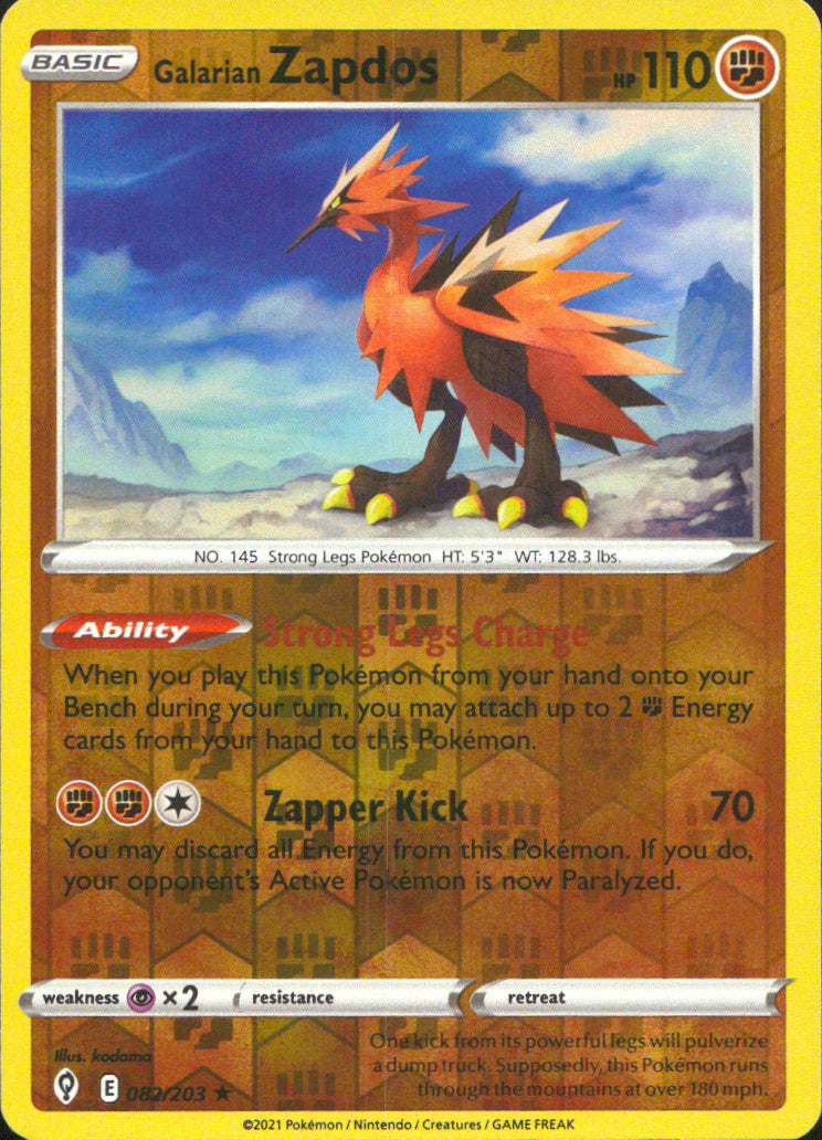 Galarian Zapdos Reverse Holo Holo Rare SWSH07: Evolving Skies 082/203 NM