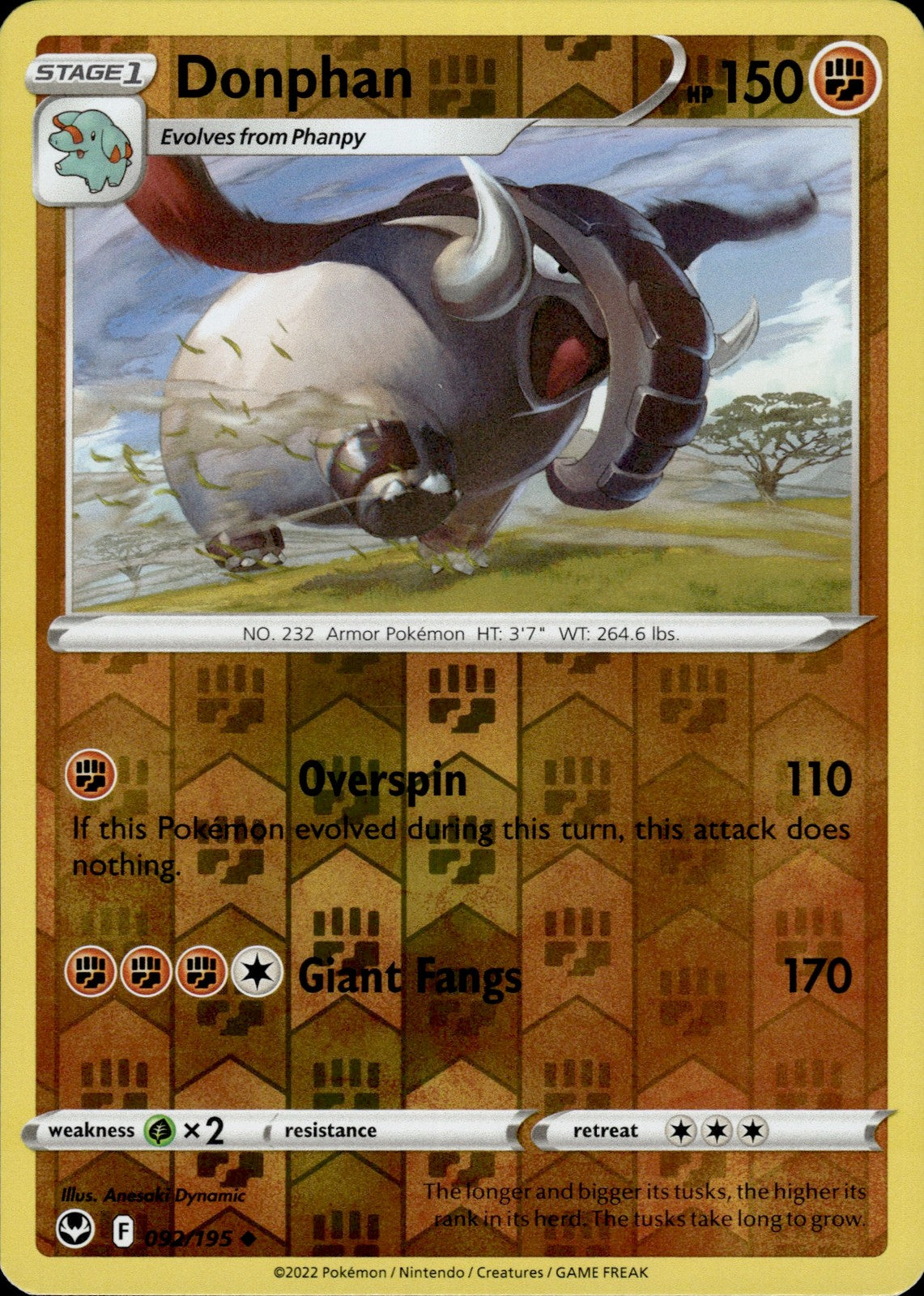 Donphan Reverse Holo Uncommon SWSH12: Silver Tempest 092/195 NM