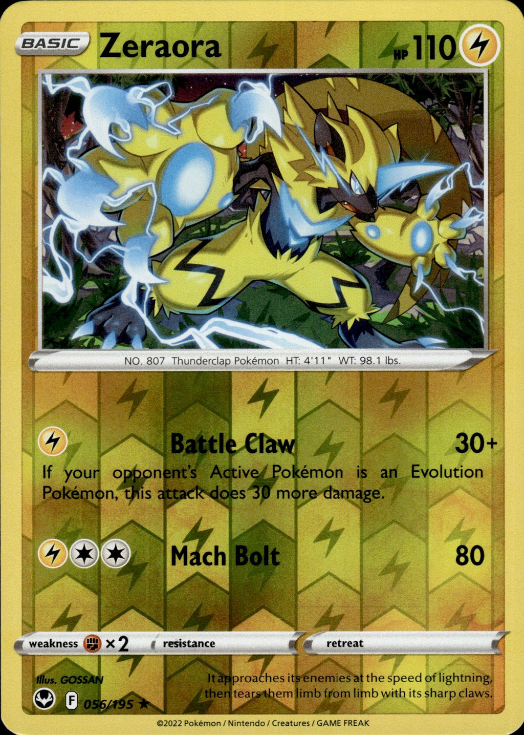 Zeraora Reverse Holo Rare SWSH12: Silver Tempest 056/195 NM