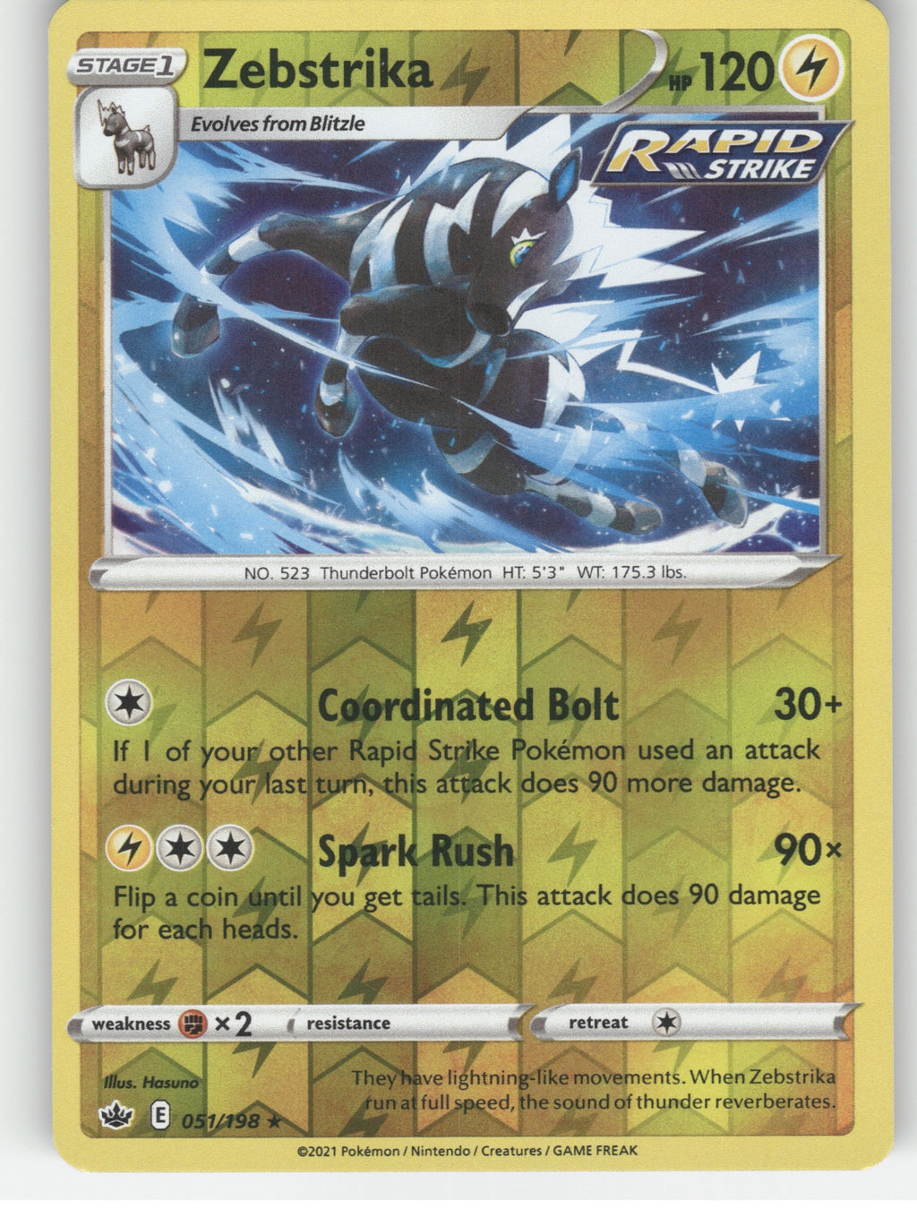 Zebstrika Reverse Holo Rare SWSH06: Chilling Reign 051/198 NM