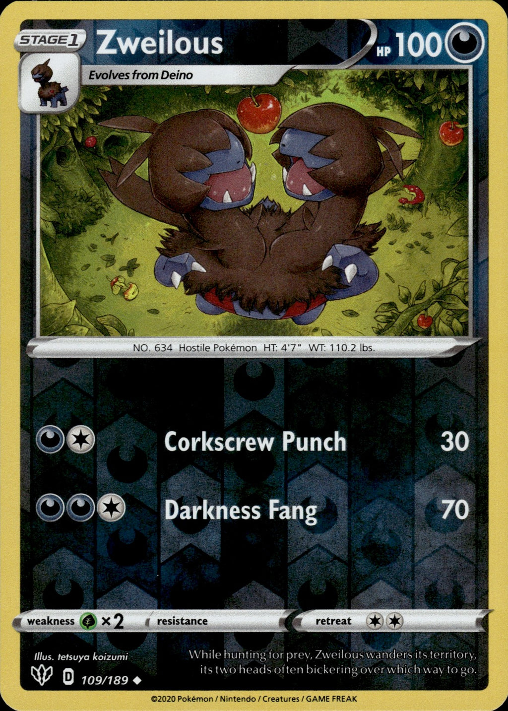 Zweilous Reverse Holo Uncommon SWSH03: Darkness Ablaze 109/189 NM