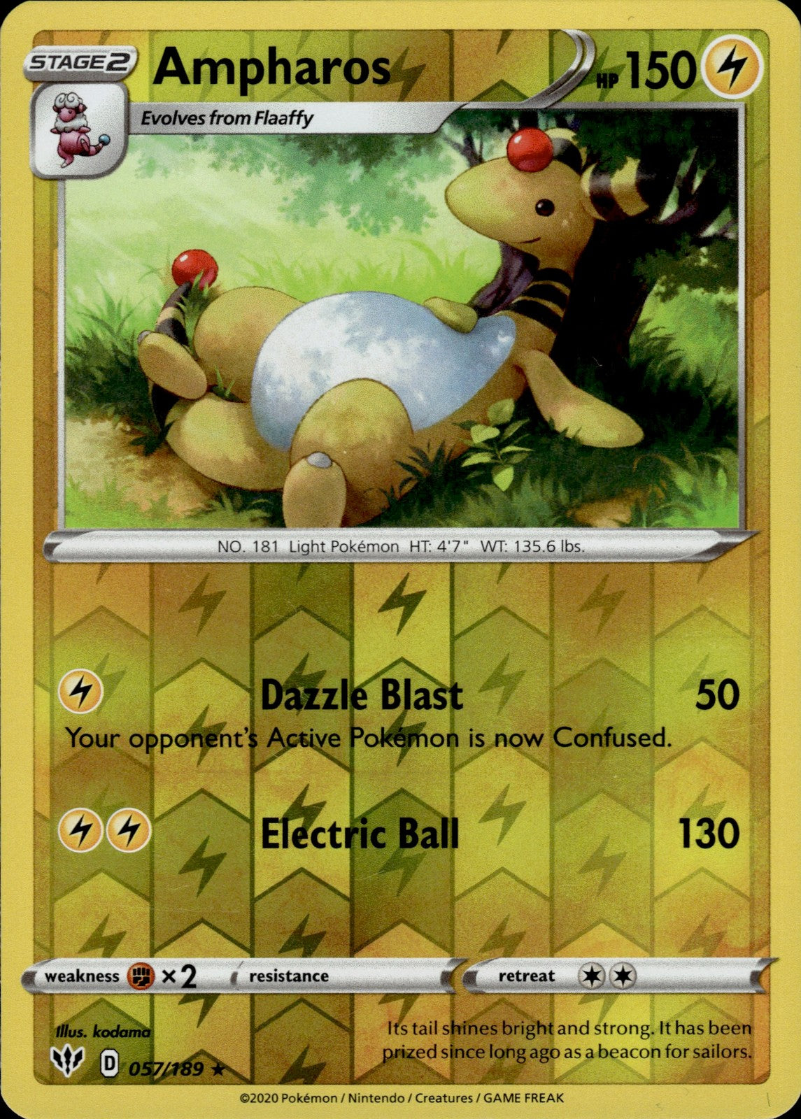 Ampharos Reverse Holo Rare SWSH03: Darkness Ablaze 057/189 NM