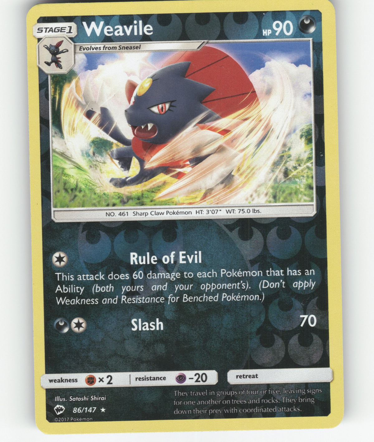 Weavile Reverse Holo Rare SM - Burning Shadows 86/147 NM