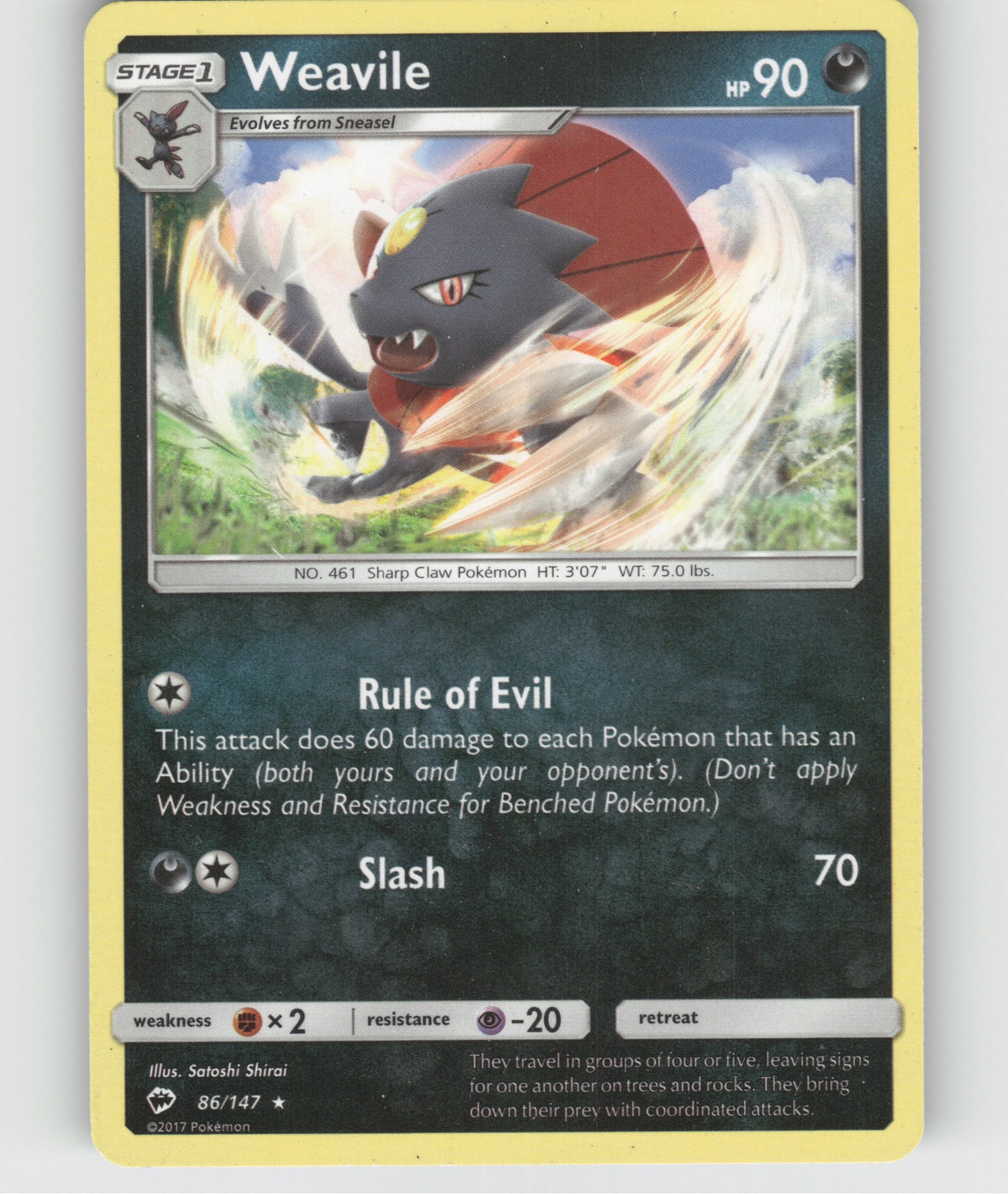 Weavile Rare SM - Burning Shadows 86/147 NM