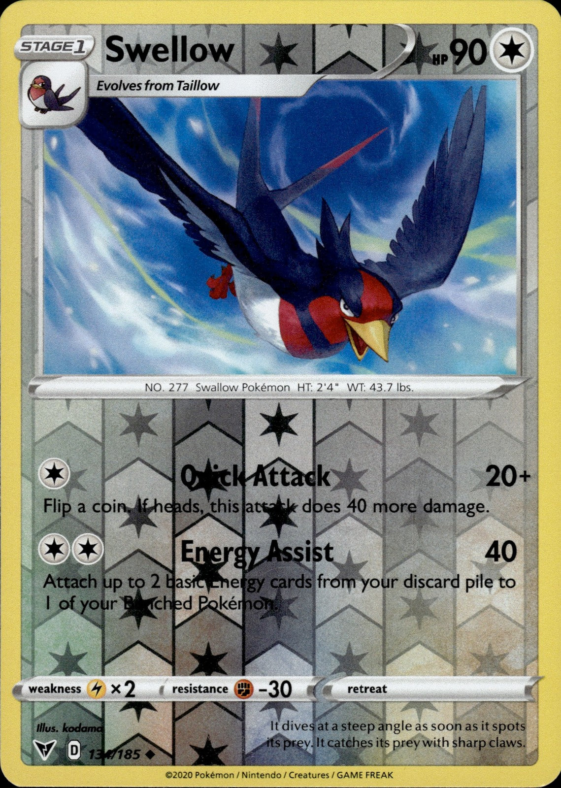 Swellow Reverse Holo Uncommon SWSH04: Vivid Voltage 134/185 NM