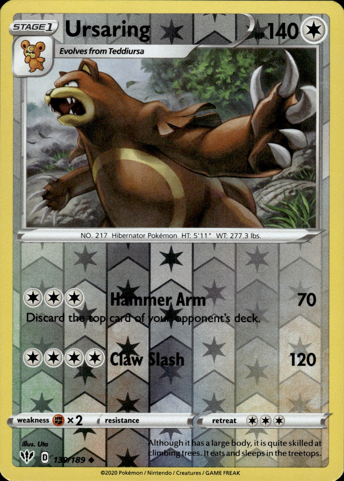 Ursaring Reverse Holo Uncommon SWSH03: Darkness Ablaze 139/189 NM