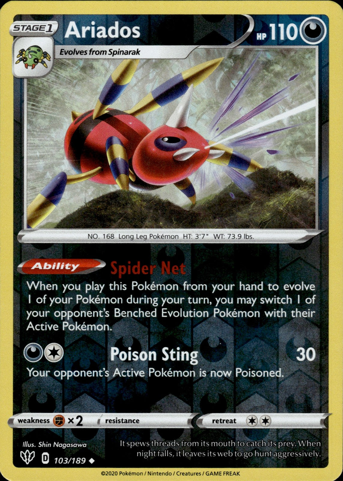 Ariados Reverse Holo Uncommon SWSH03: Darkness Ablaze 103/189 NM