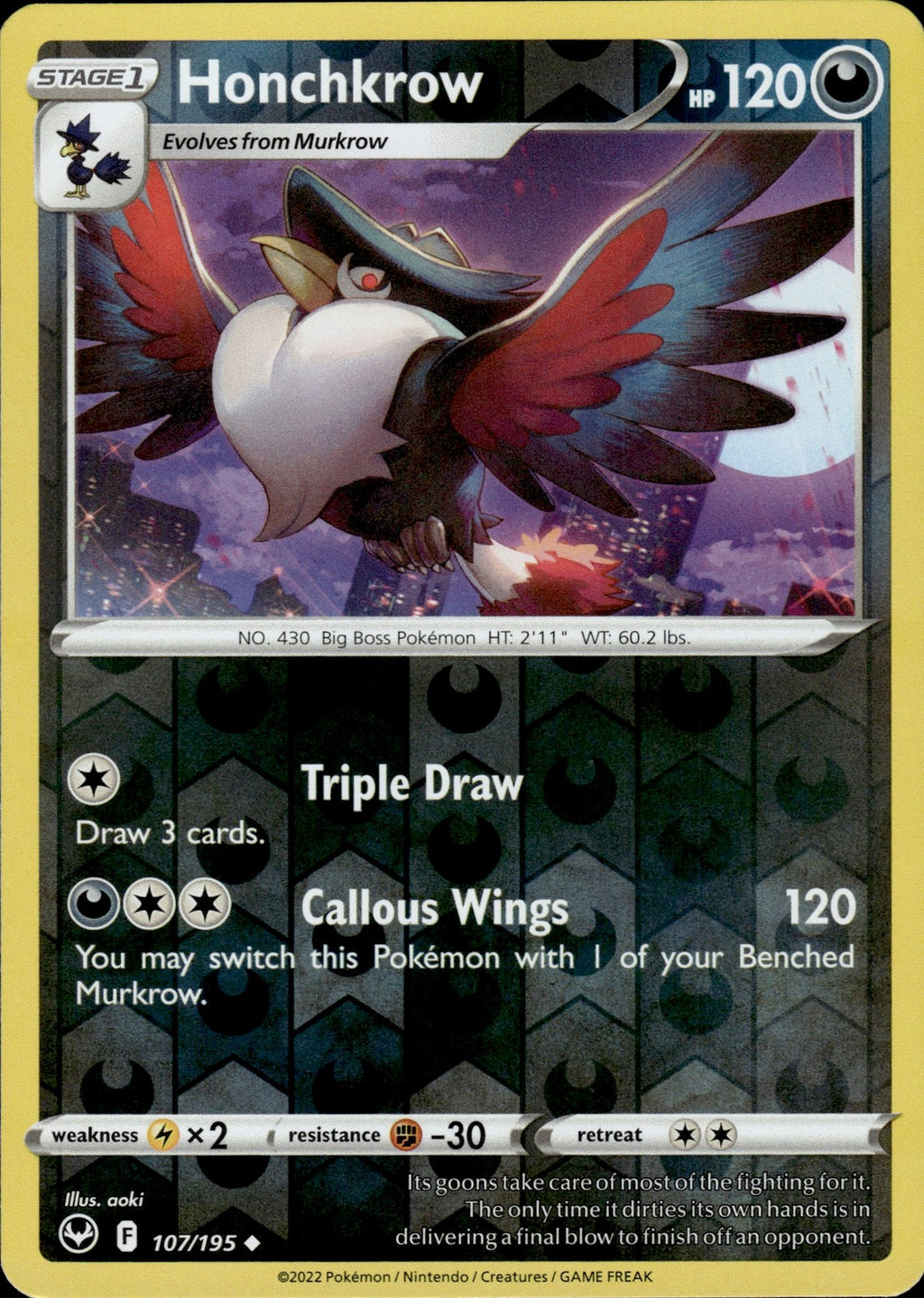 Honchkrow Reverse Holo Uncommon SWSH12: Silver Tempest 107/195 NM