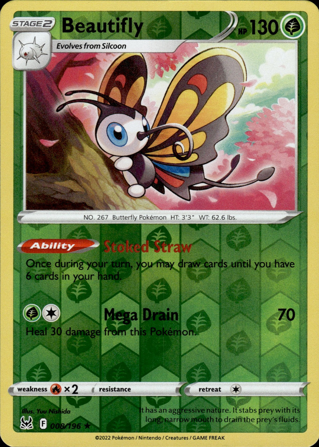Beautifly Reverse Holo Holo Rare SWSH11: Lost Origin 008/196 NM