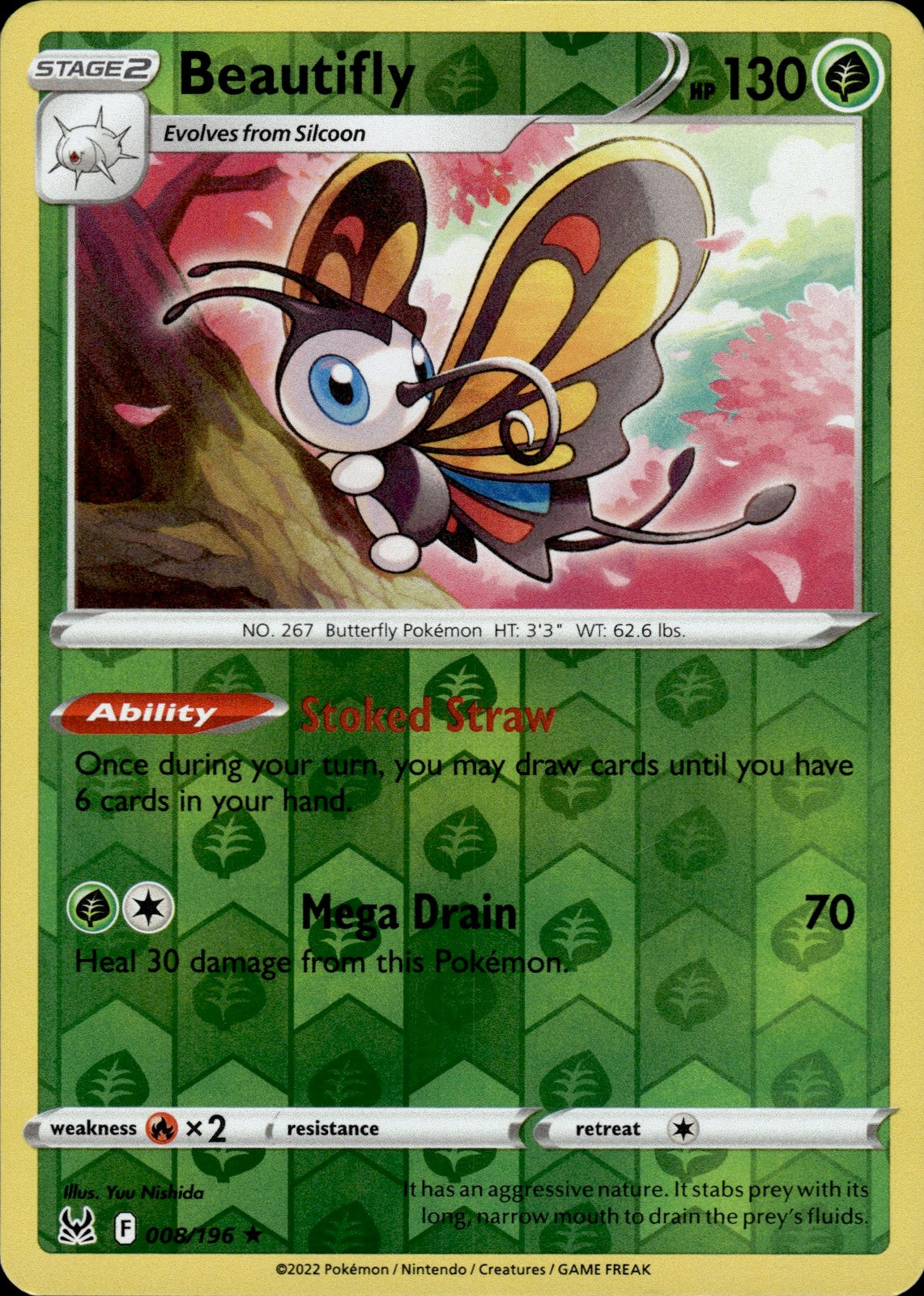 Beautifly Reverse Holo Holo Rare SWSH11: Lost Origin 008/196 NM
