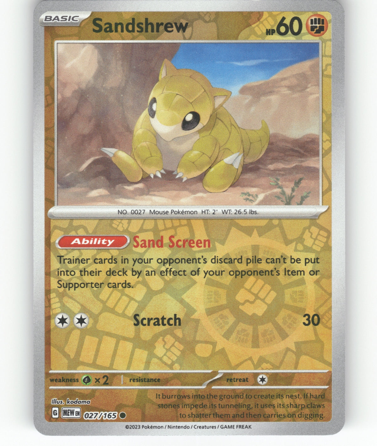 Sandshrew Reverse Holo Common SV: Scarlet & Violet 151 027/165 NM