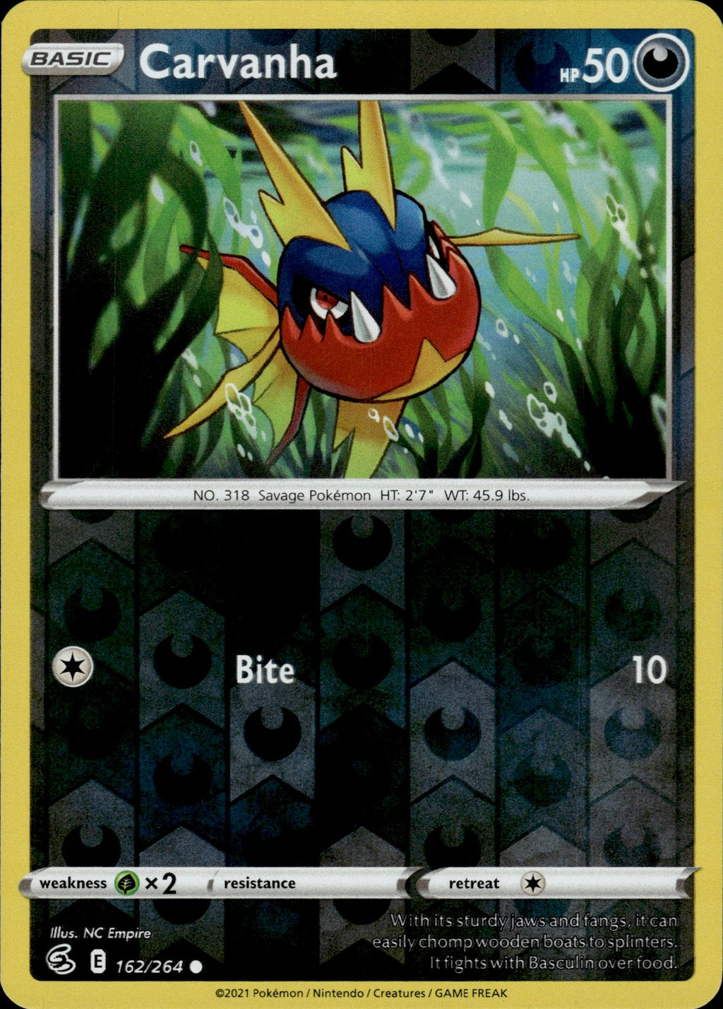 Carvanha Reverse Holo Common SWSH08: Fusion Strike 162/264 NM