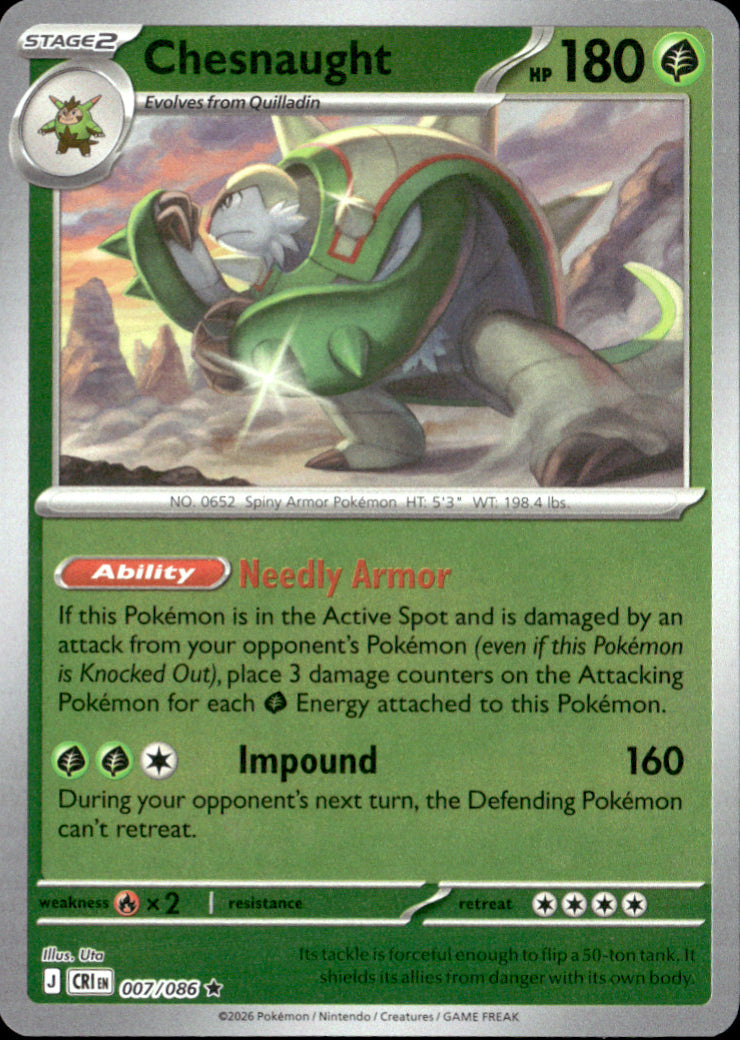 Chesnaught Reverse Holo Rare ME04: Chaos Rising 007/086 NM