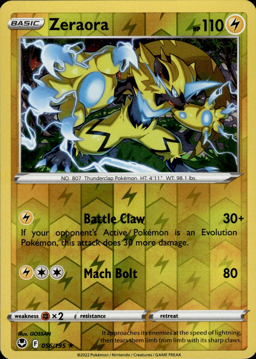 Zeraora Reverse Holo Rare SWSH12: Silver Tempest 056/195 NM