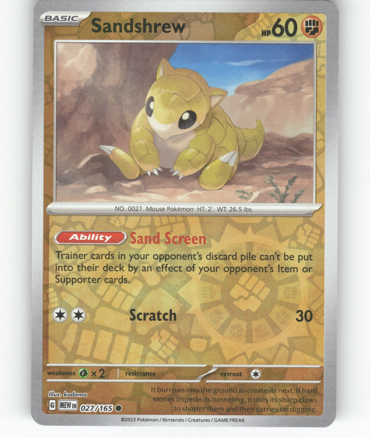 Sandshrew Reverse Holo Common SV: Scarlet & Violet 151 027/165 NM