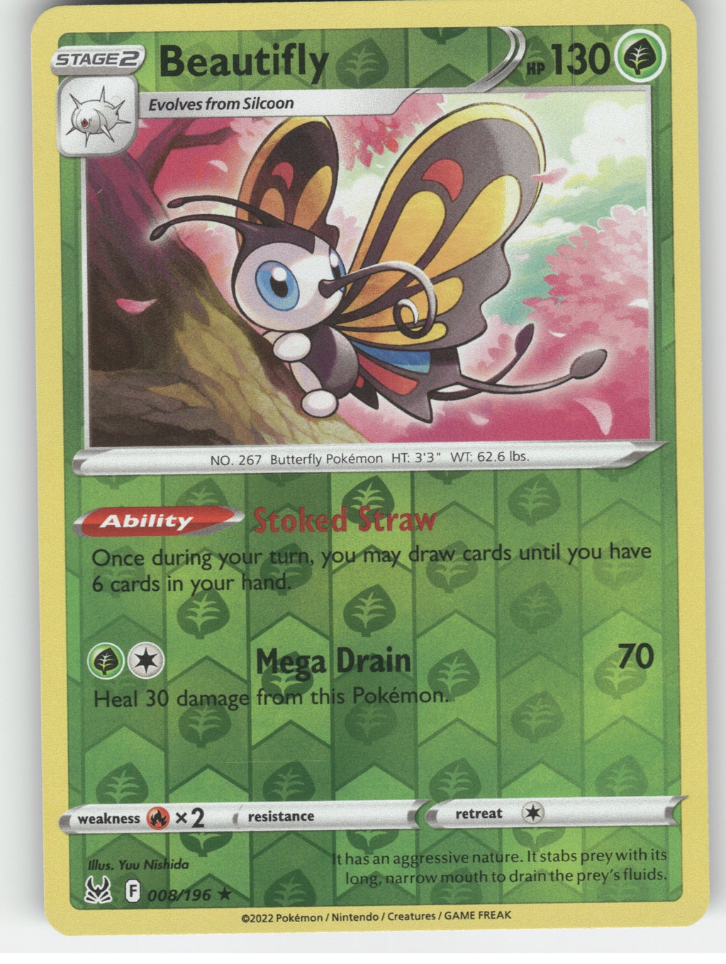 Beautifly Reverse Holo Holo Rare SWSH11: Lost Origin 008/196 NM