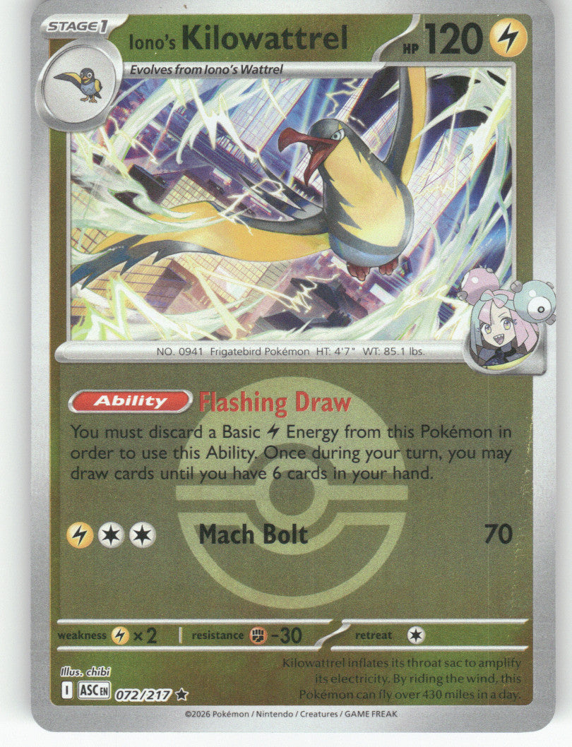 Iono's Kilowattrel (Poke Ball) Reverse Holo Rare ME: Ascended Heroes 072/217 NM