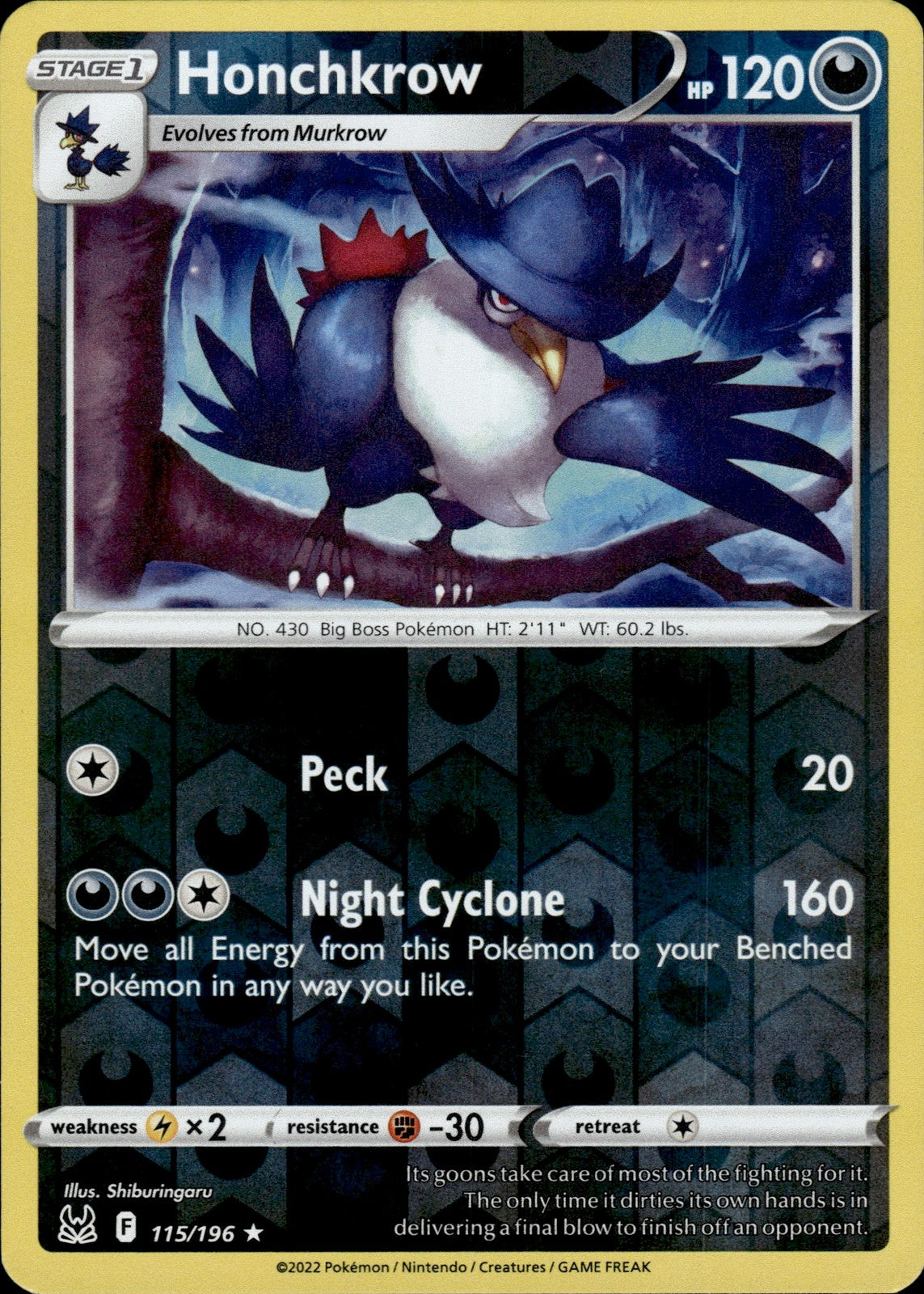 Honchkrow Reverse Holo Rare SWSH11: Lost Origin 115/196 NM
