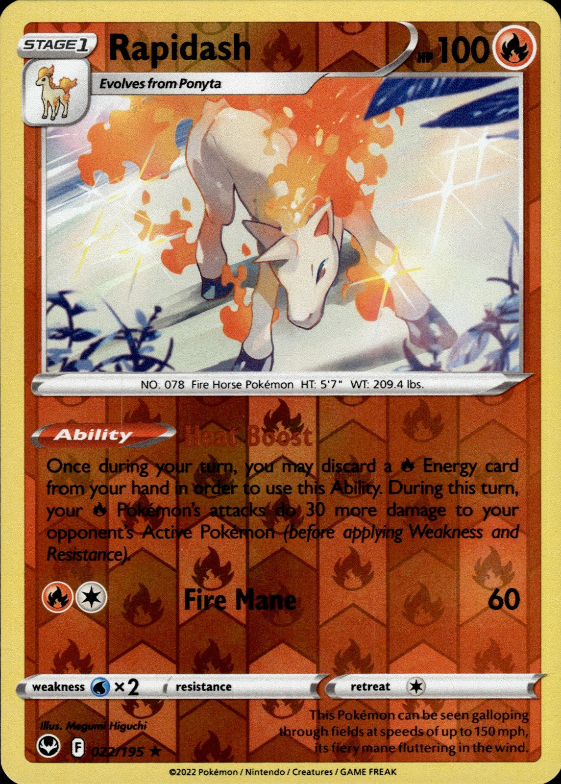 Rapidash Reverse Holo Holo Rare SWSH12: Silver Tempest 022/195 NM