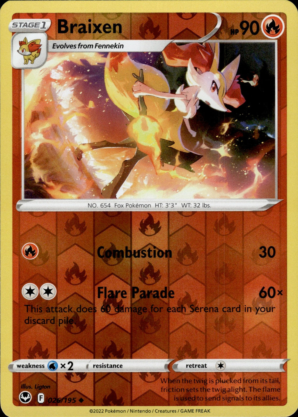 Braixen Reverse Holo Uncommon SWSH12: Silver Tempest 026/195 NM