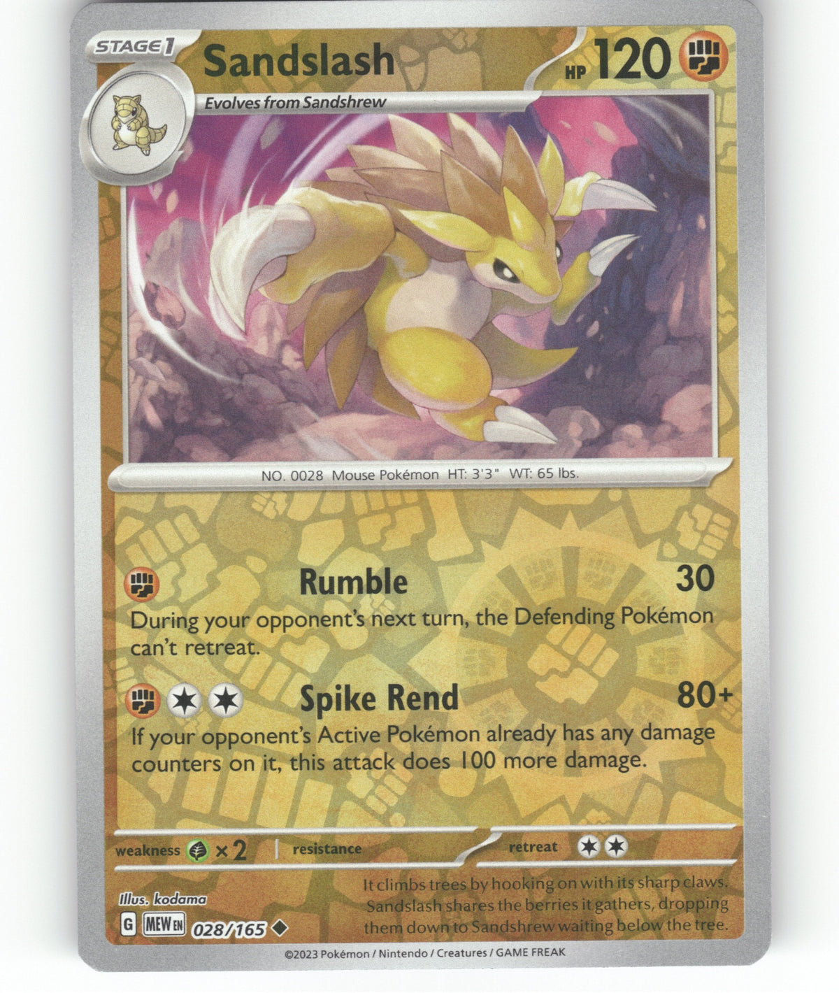 Sandslash Reverse Holo Uncommon SV: Scarlet & Violet 151 028/165 NM