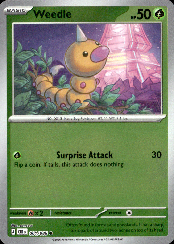 Weedle Reverse Holo Common ME04: Chaos Rising 001/086 NM