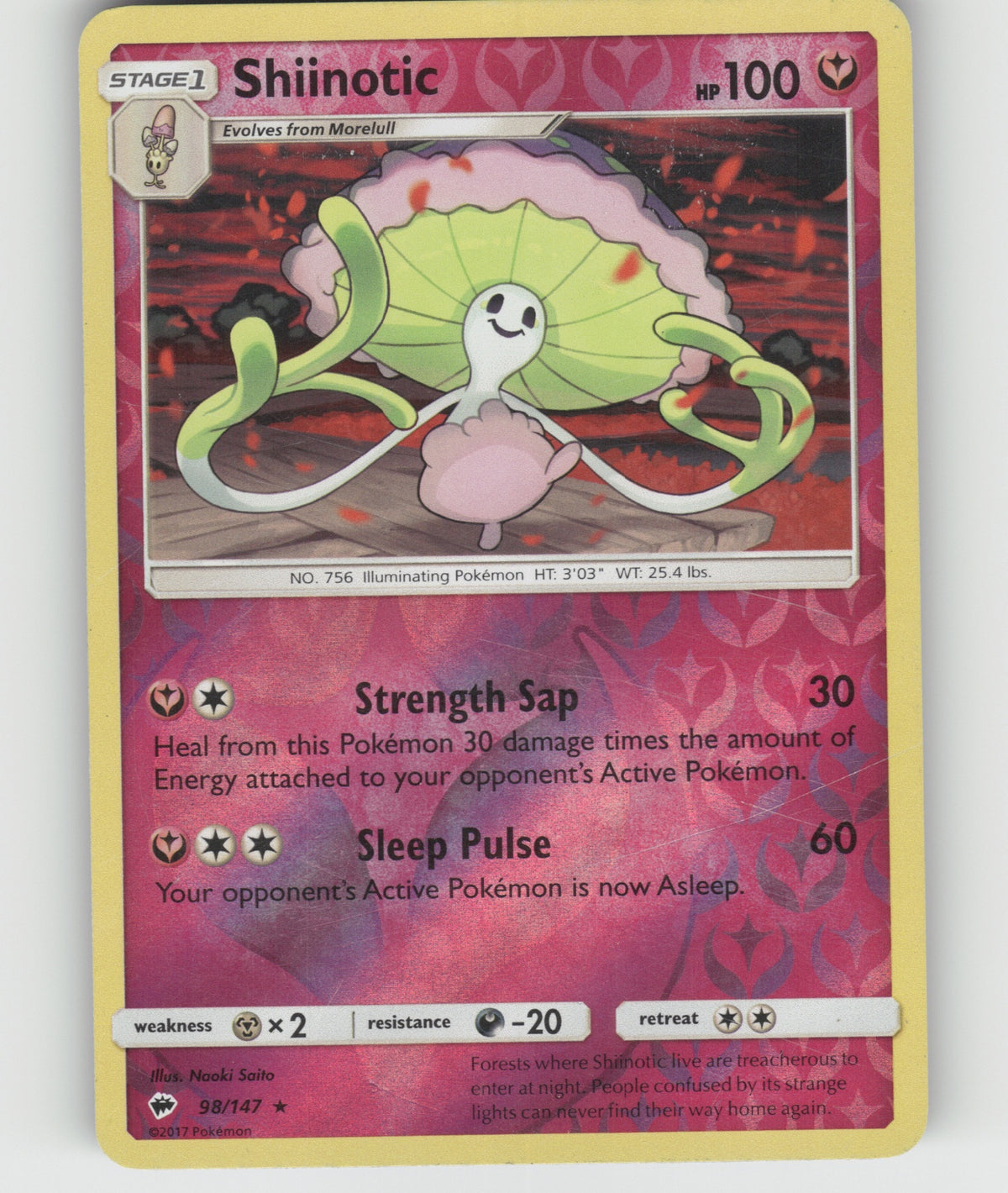 Shiinotic Reverse Holo Rare SM - Burning Shadows 98/147 NM