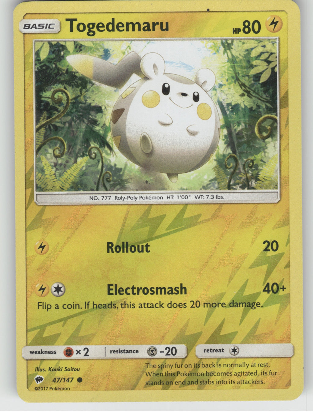 Togedemaru Reverse Holo Common SM - Burning Shadows 47/147 NM