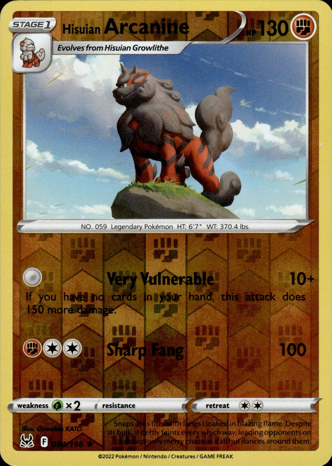 Hisuian Arcanine Reverse Holo Holo Rare SWSH11: Lost Origin 084/196 NM