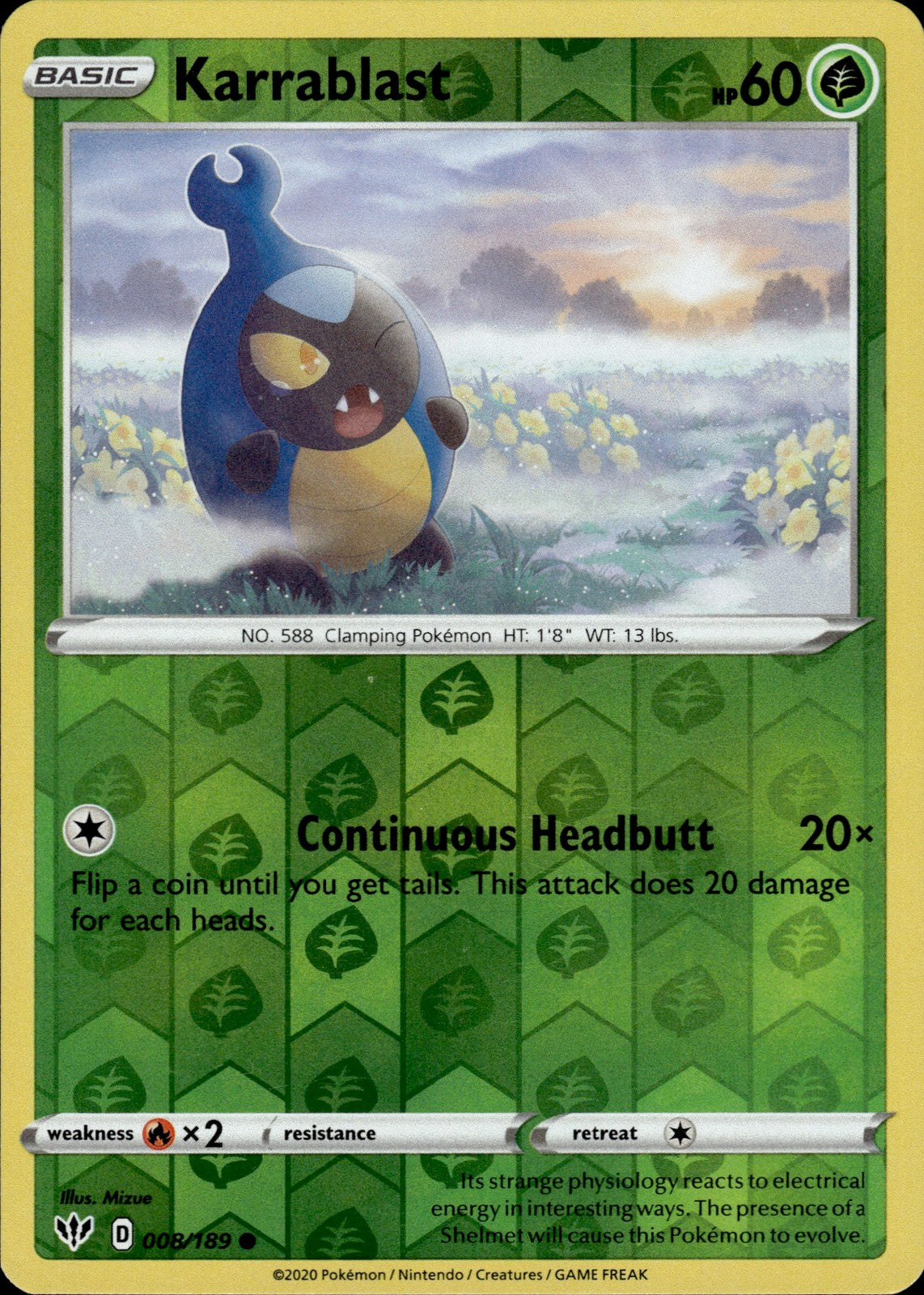 Karrablast Reverse Holo Common SWSH03: Darkness Ablaze 008/189 NM