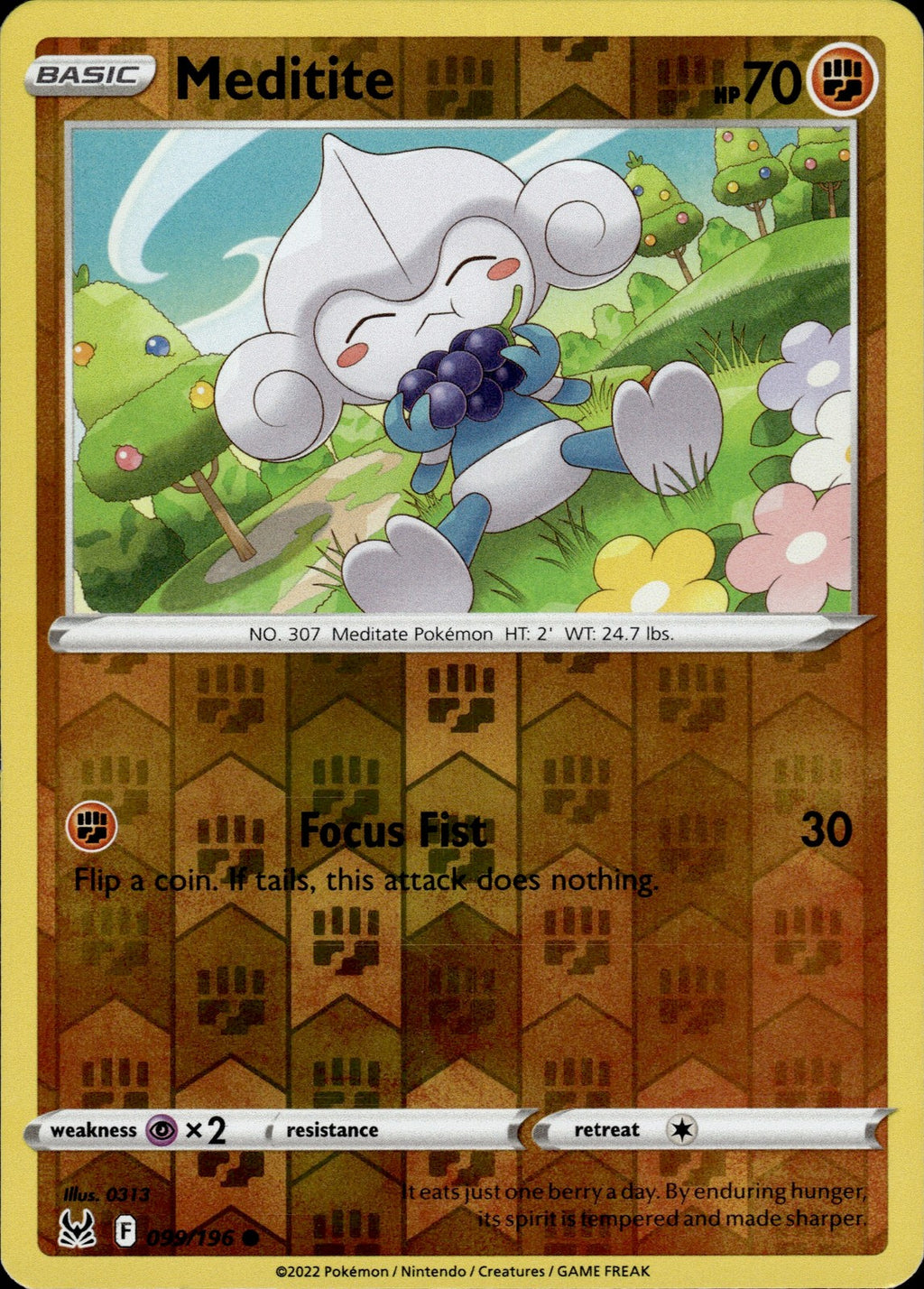 Meditite Reverse Holo Common SWSH11: Lost Origin 099/196 NM