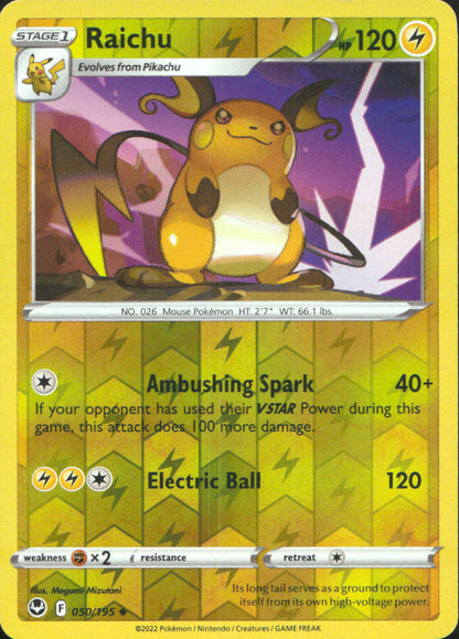 Raichu Reverse Holo Uncommon SWSH12: Silver Tempest 050/195 NM