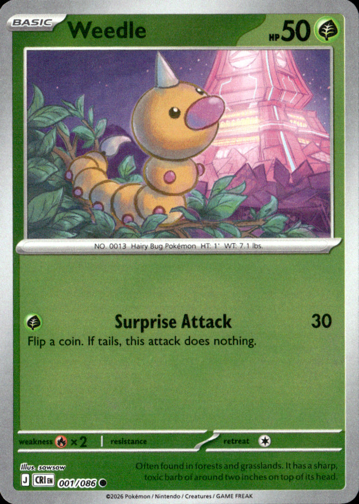 Weedle Reverse Holo Common ME04: Chaos Rising 001/086 NM