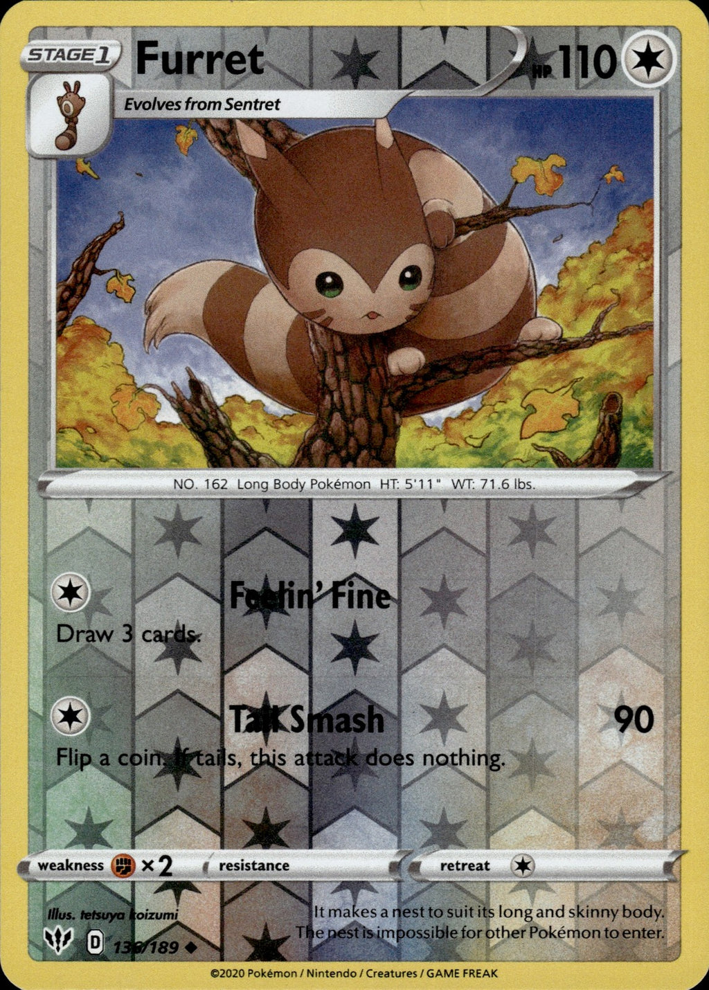 Furret Reverse Holo Uncommon SWSH03: Darkness Ablaze 136/189 NM