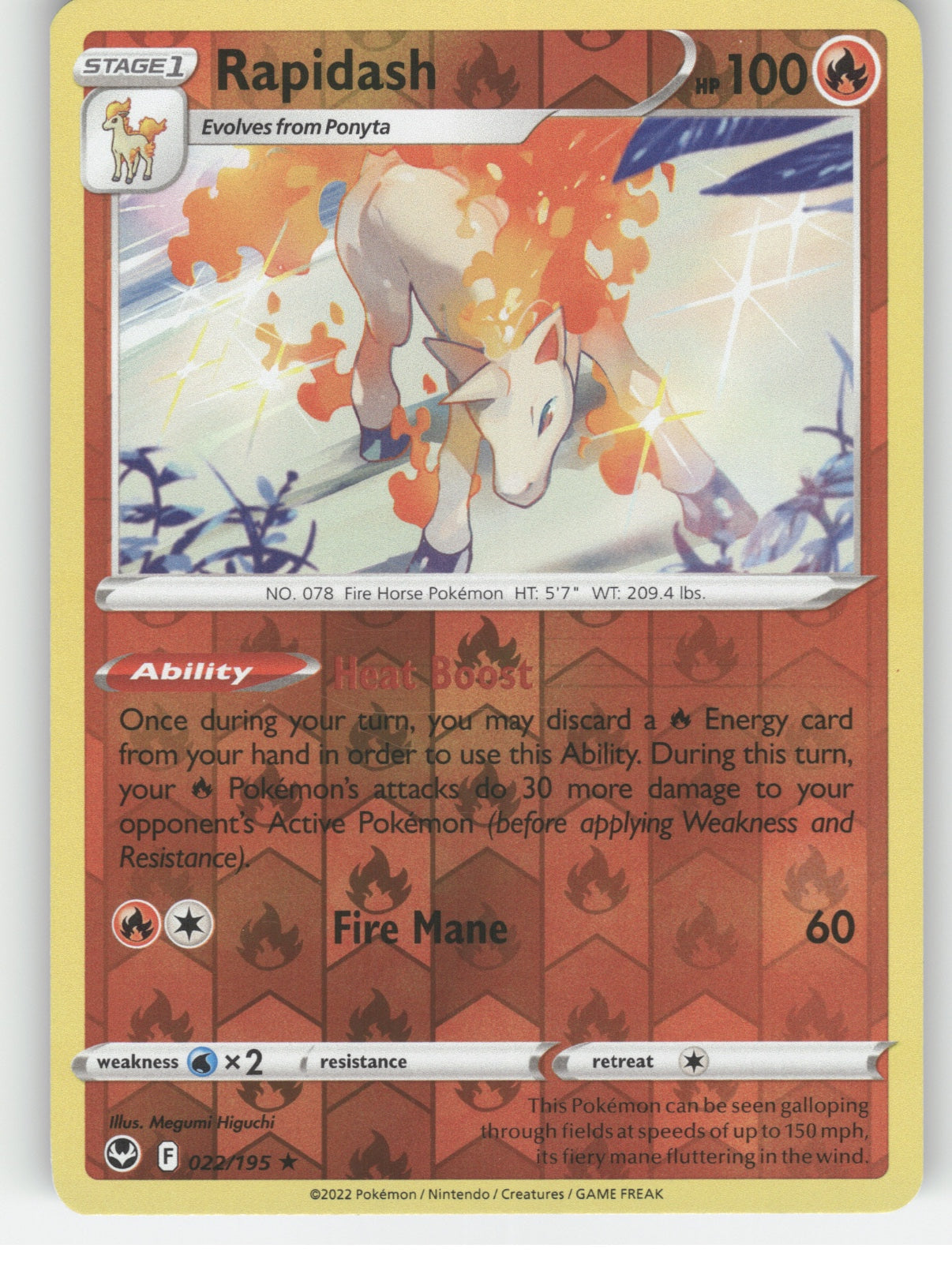 Rapidash Reverse Holo Holo Rare SWSH12: Silver Tempest 022/195 NM