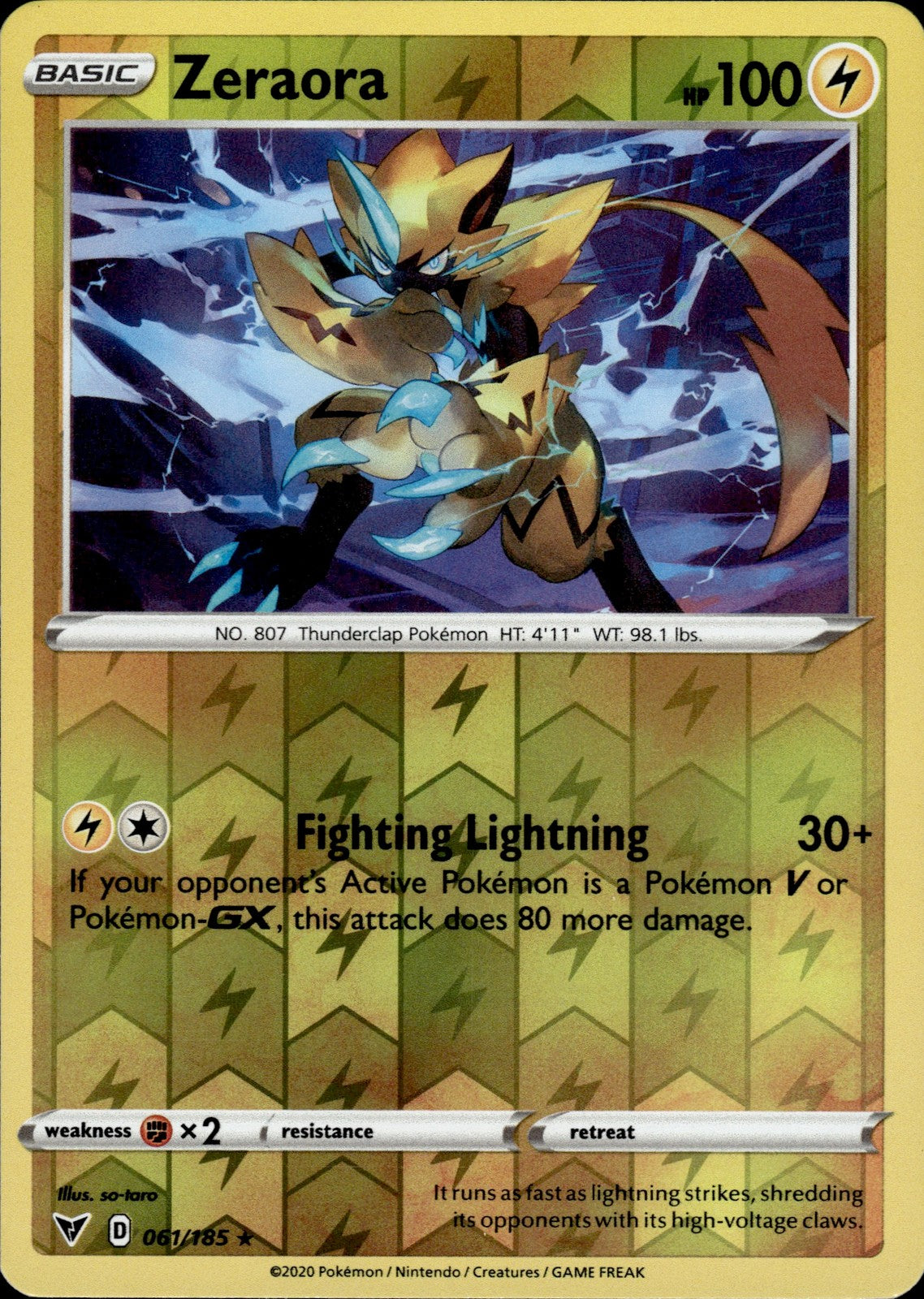 Zeraora Reverse Holo Holo Rare SWSH04: Vivid Voltage 061/185 NM