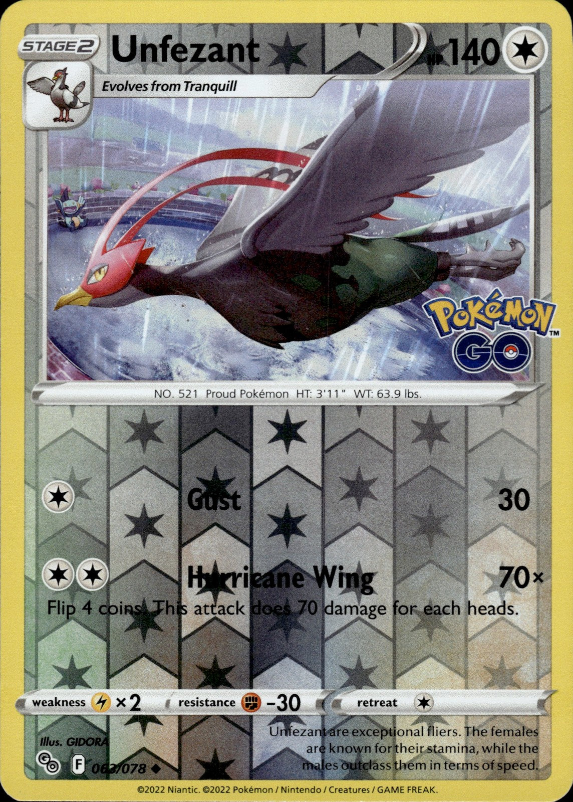 Unfezant Reverse Holo Uncommon Pokemon GO 063/078 NM